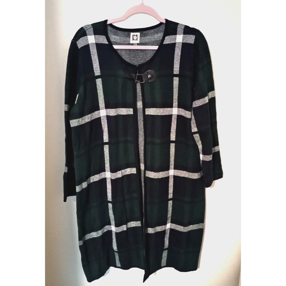 Anne Klein Green Blue Tartan Plaid Long Duster Cardigan Sz XL